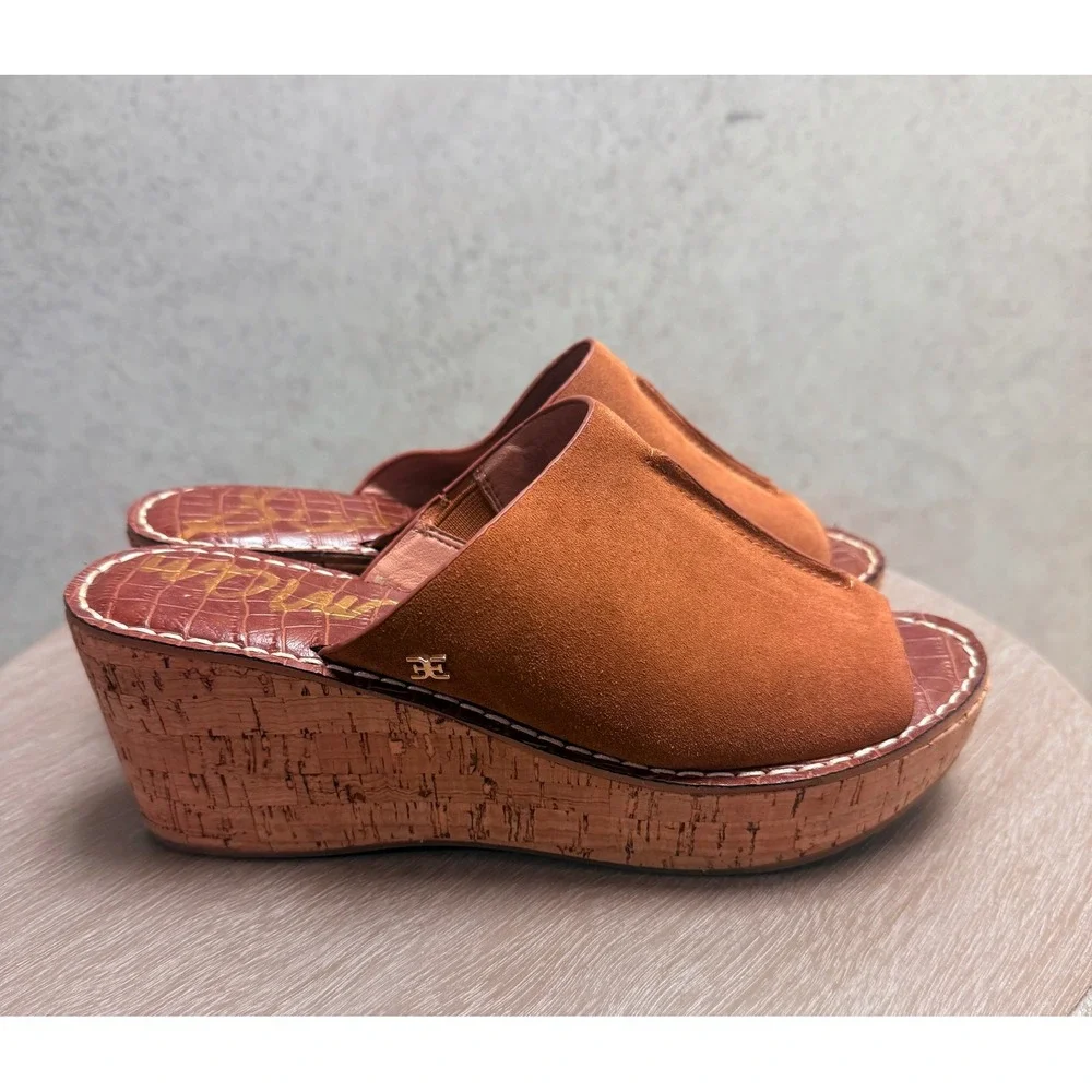 Sam Edelman 8  Womens Boho Ranger Brown Suede Cork Wedge Platform Slide Sandals